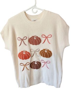 Mary Square "Josie Pumpkin Rows" Ivory Knit Cap Sleeve Sweater - Size Med